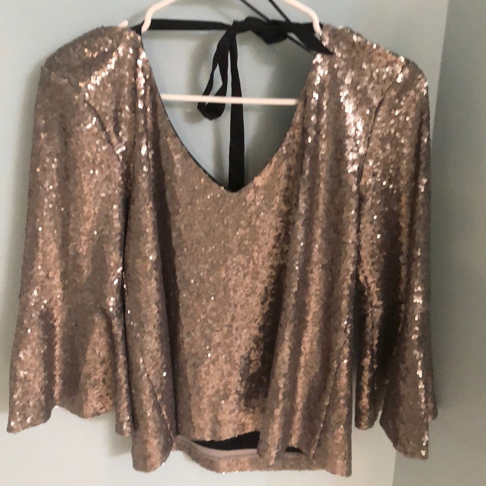 Highline Tops | Sparkly Sequined Bell Sleeve Top | Color: Gray/Silver